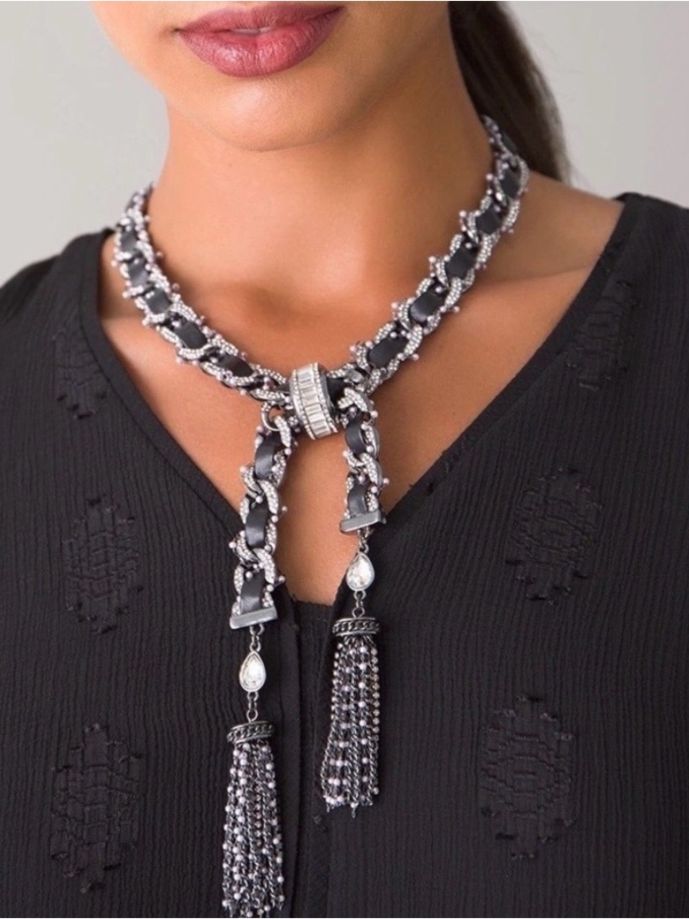 NWT White House Black Market wearable art necklace. Pewter, rhinestones, pearls